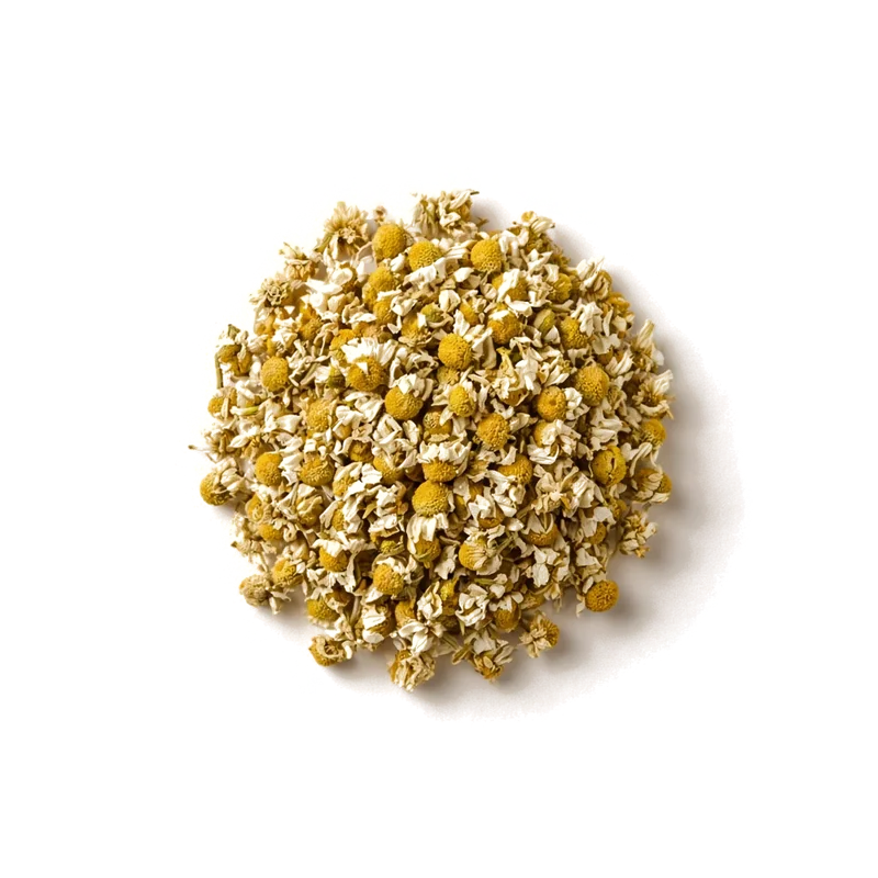 Dried chamomile flowers, top-down