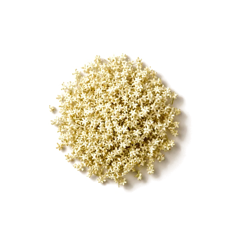 Dried elderflowers, top-down