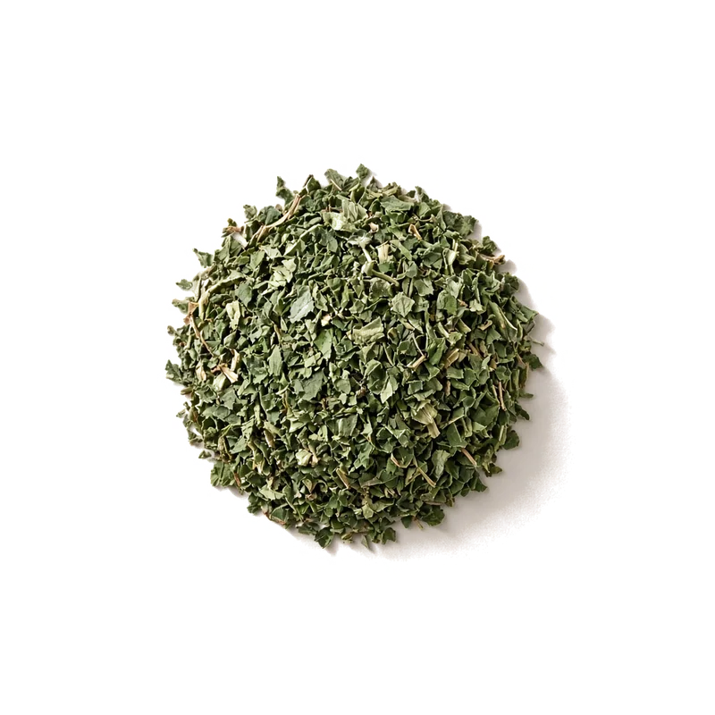 Dried peppermint leaves, top-down
