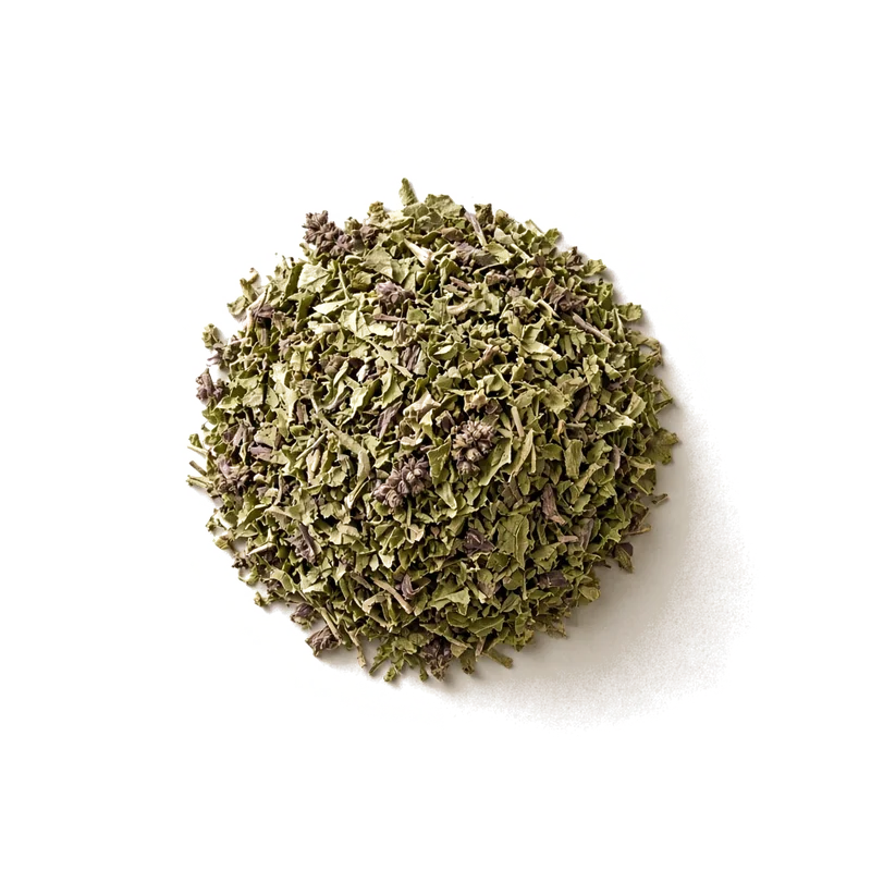 Dried tulsi leaves, top-down